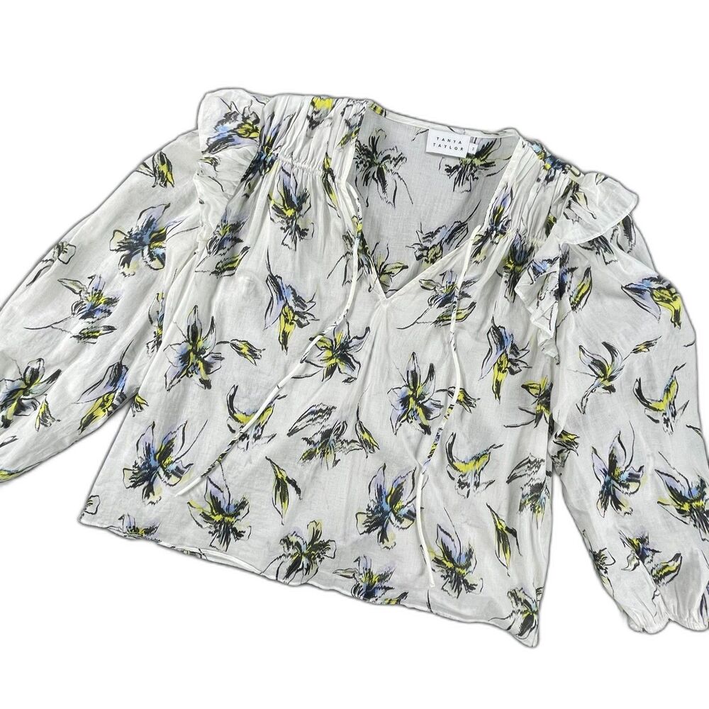 Tanya Taylor Delaney Floral Cotton Blouse Small White Ruffle Watercolor Tie Top